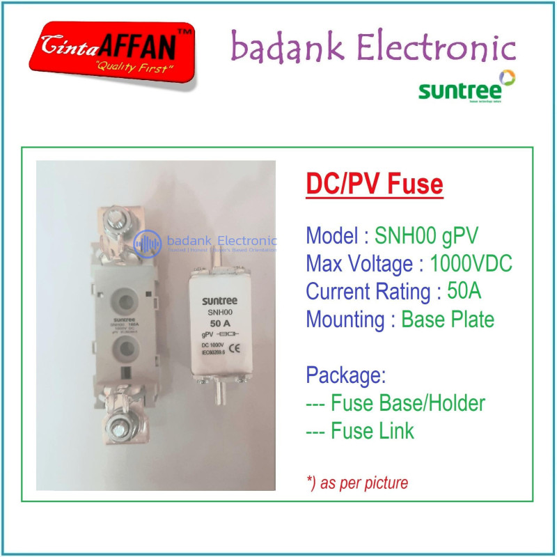 50A - SUNTREE SNH00 gPV 1P 1000V DC Fuse Base/Holder  Fuse Link PV